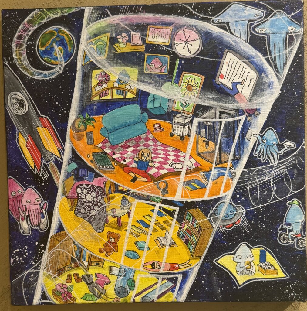 宇宙エレベーター/ｱｸﾘﾙ絵具/22.7×22.7/木本さき作/22,000円