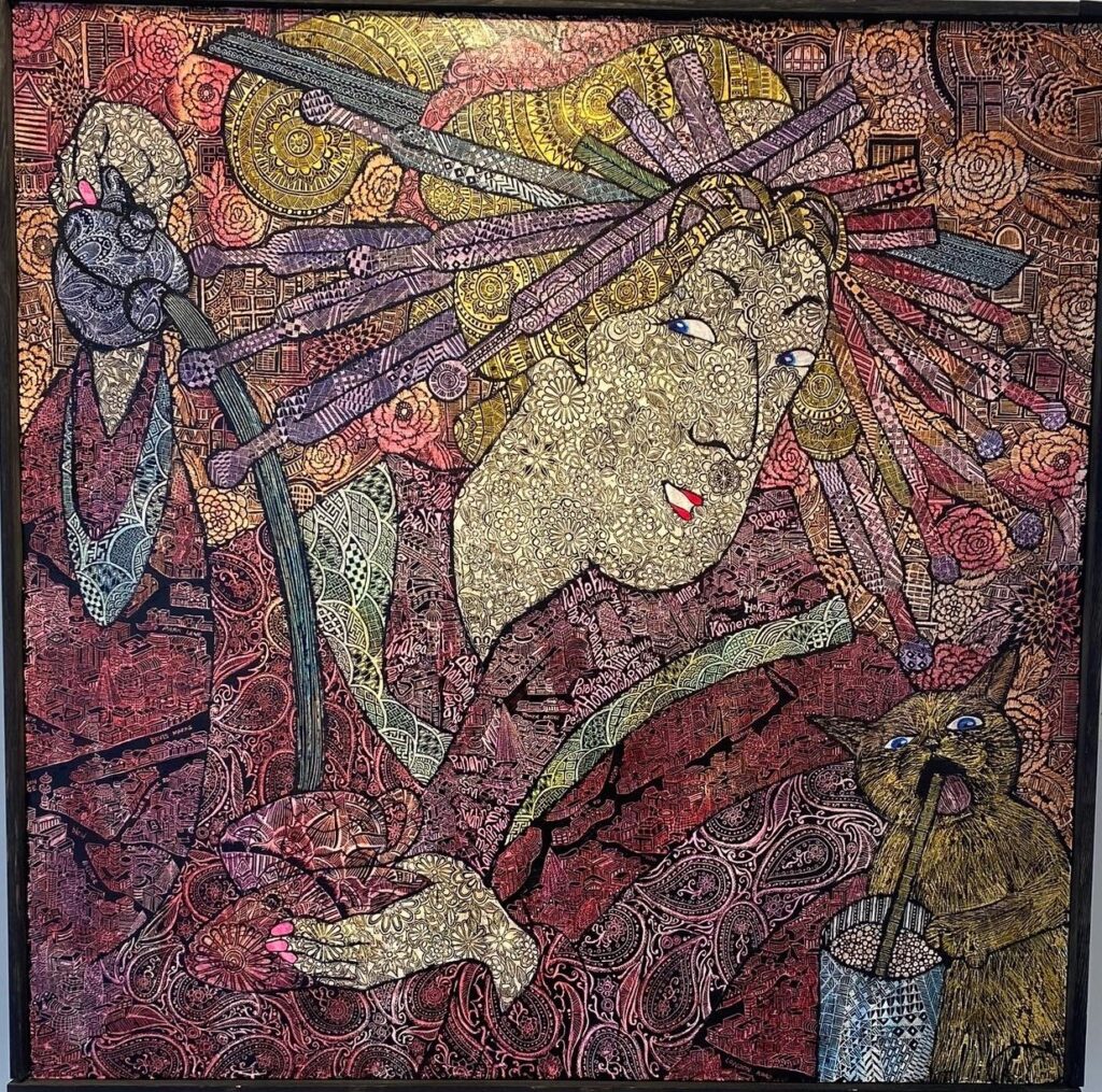 お茶にしませう/ｱｸﾘﾙ絵具.ｸﾚﾊﾟｽ/100×100/木本さき作/275,000円